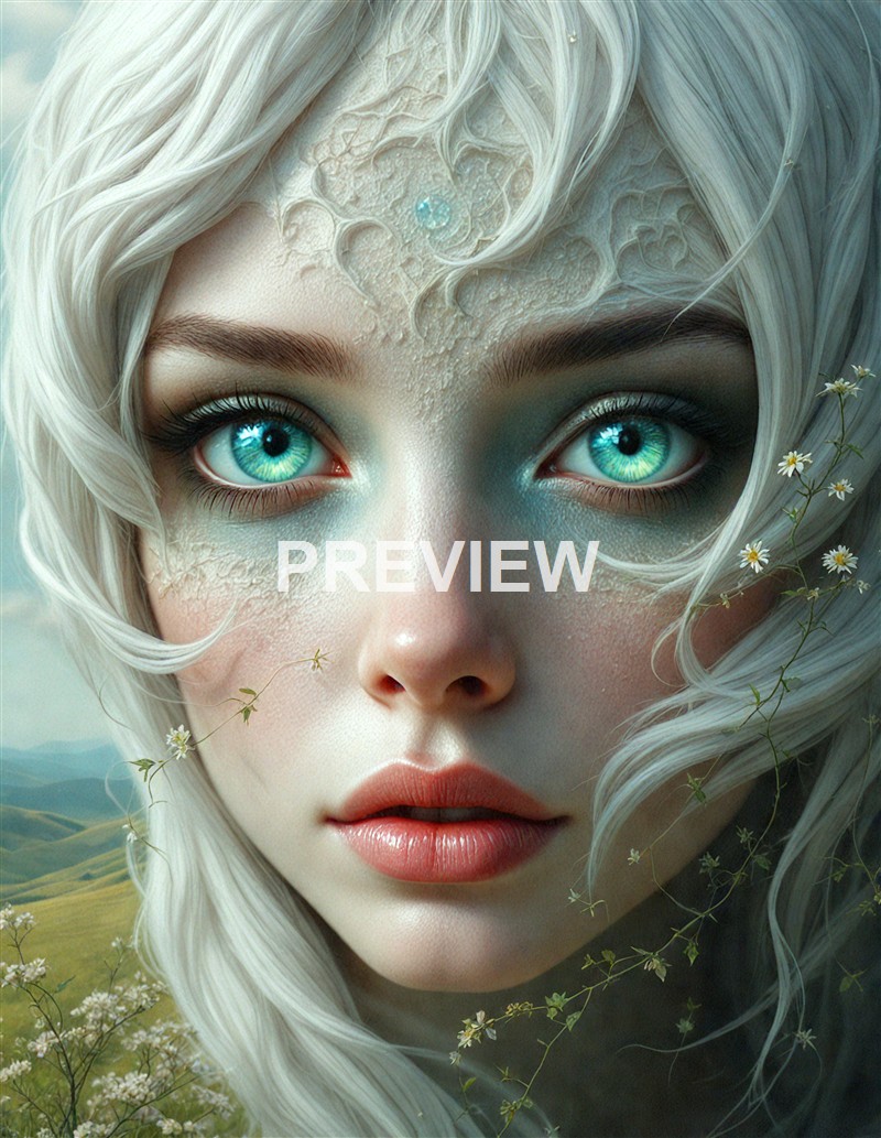 A highly detailed, fantasy-style digital portrait of a woman with icy blue eyes, platinum blonde hair, and textured skin with intricate, natural patterns, surrounded by a landscape of mountains and small white flowers.